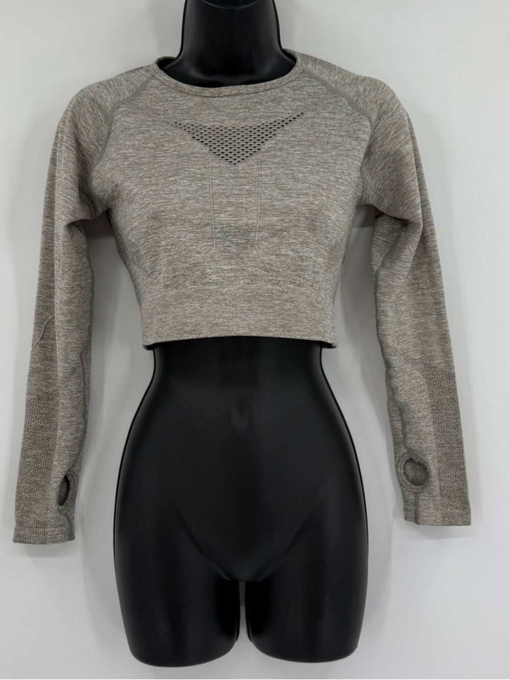 AYBL Motion Seamless Long Sleeve Back Cutout Crop Top | Heather Olive | Large